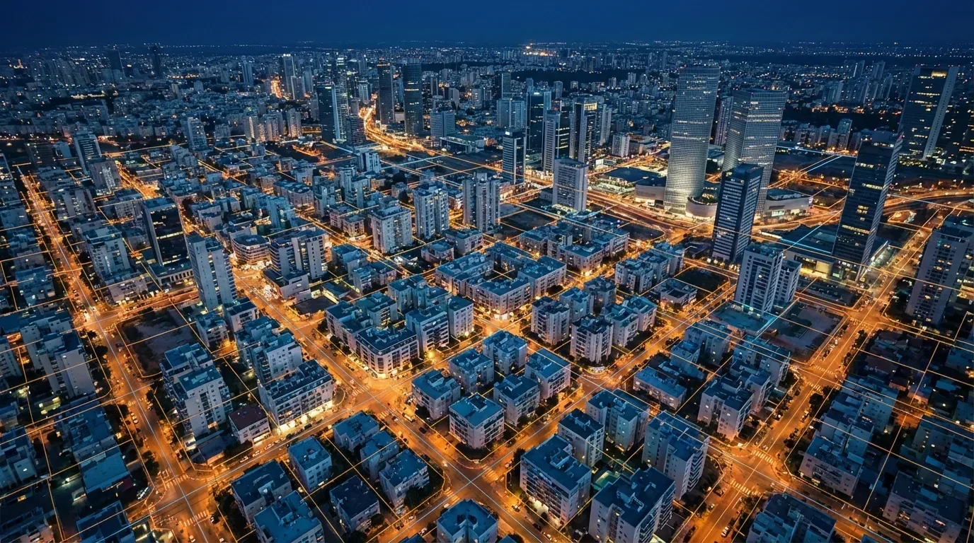 תצלום אווירי לילי של מרקם עירוני ישראלי עם קווי חלקות קדסטרליים
